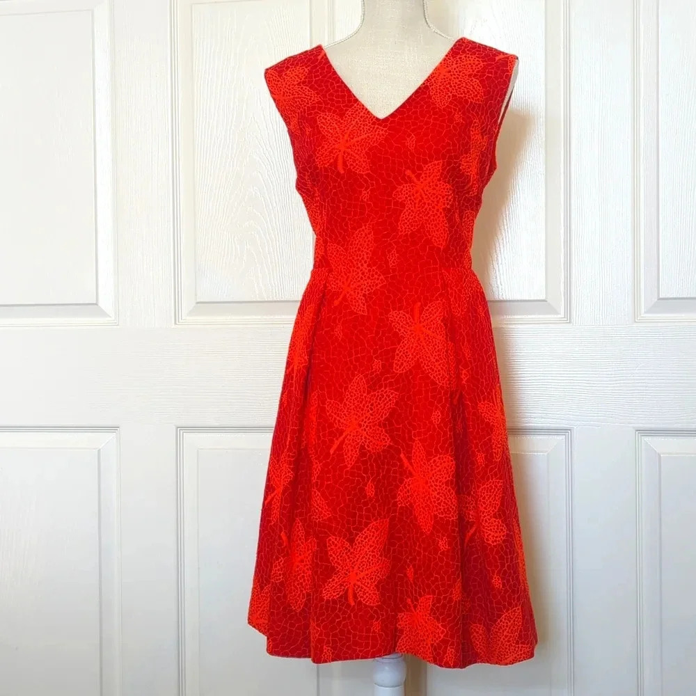 Zac Posen Red Leaf Floral Print Midi Length Dress - Picture 2 of 7